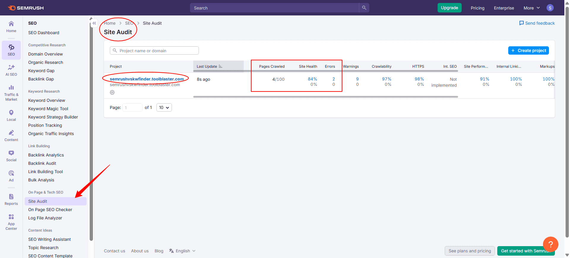 SEMrush site audit tool interface showing a website's health score, along with a breakdown of critical errors and warnings found.